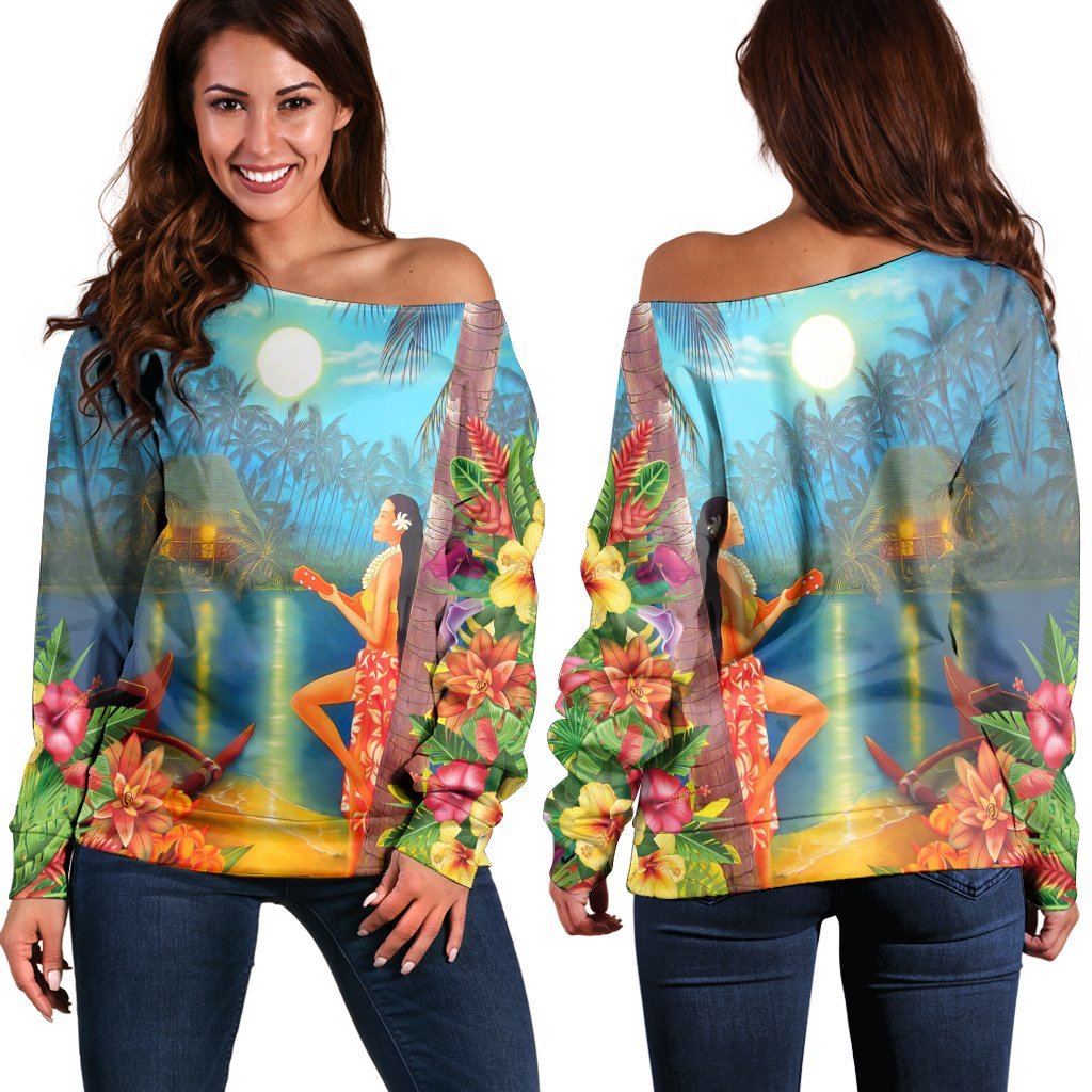 Hawaiian Hula Girl Sing In Aboriginal Village Aat Night Women's Off Shoulder Sweater - AH Black - Polynesian Pride