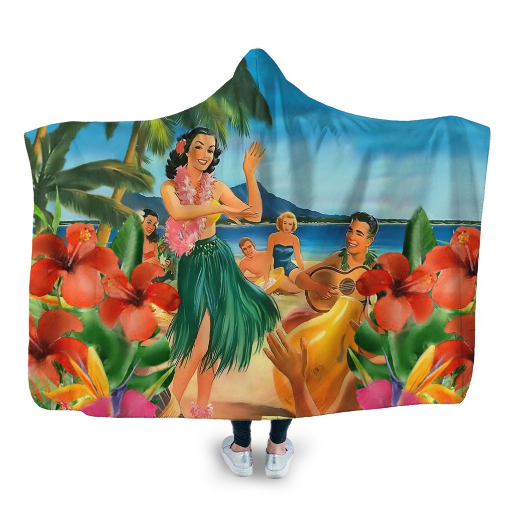 Hawaiian Hula Sing Dance On Beach Hooded Blanket - AH Hooded Blanket White - Polynesian Pride