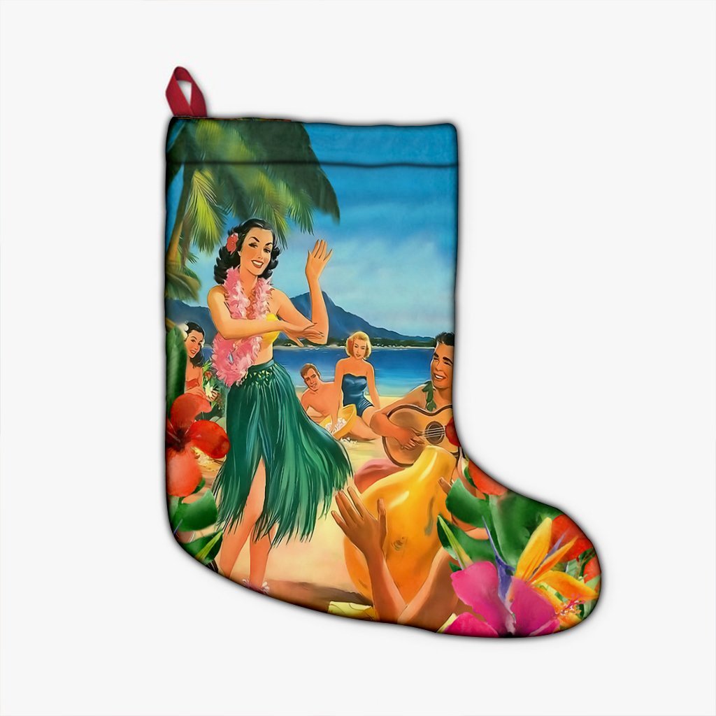 Hawaiian Hula Sing Dance On Beach Christmas Stocking - AH Christmas Stocking 26 X 42 cm Black - Polynesian Pride