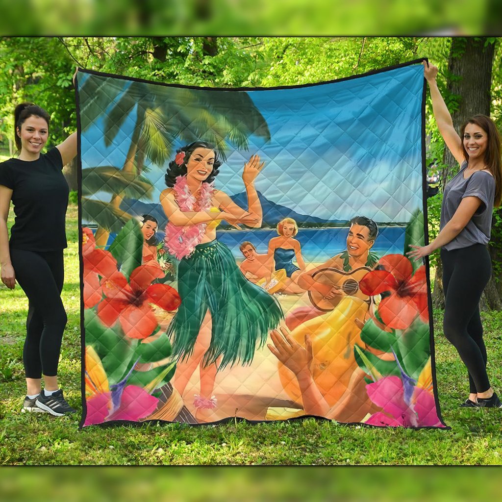 Hawaiian Hula Sing Dance On Beach Premium Quilts - AH Black - Polynesian Pride