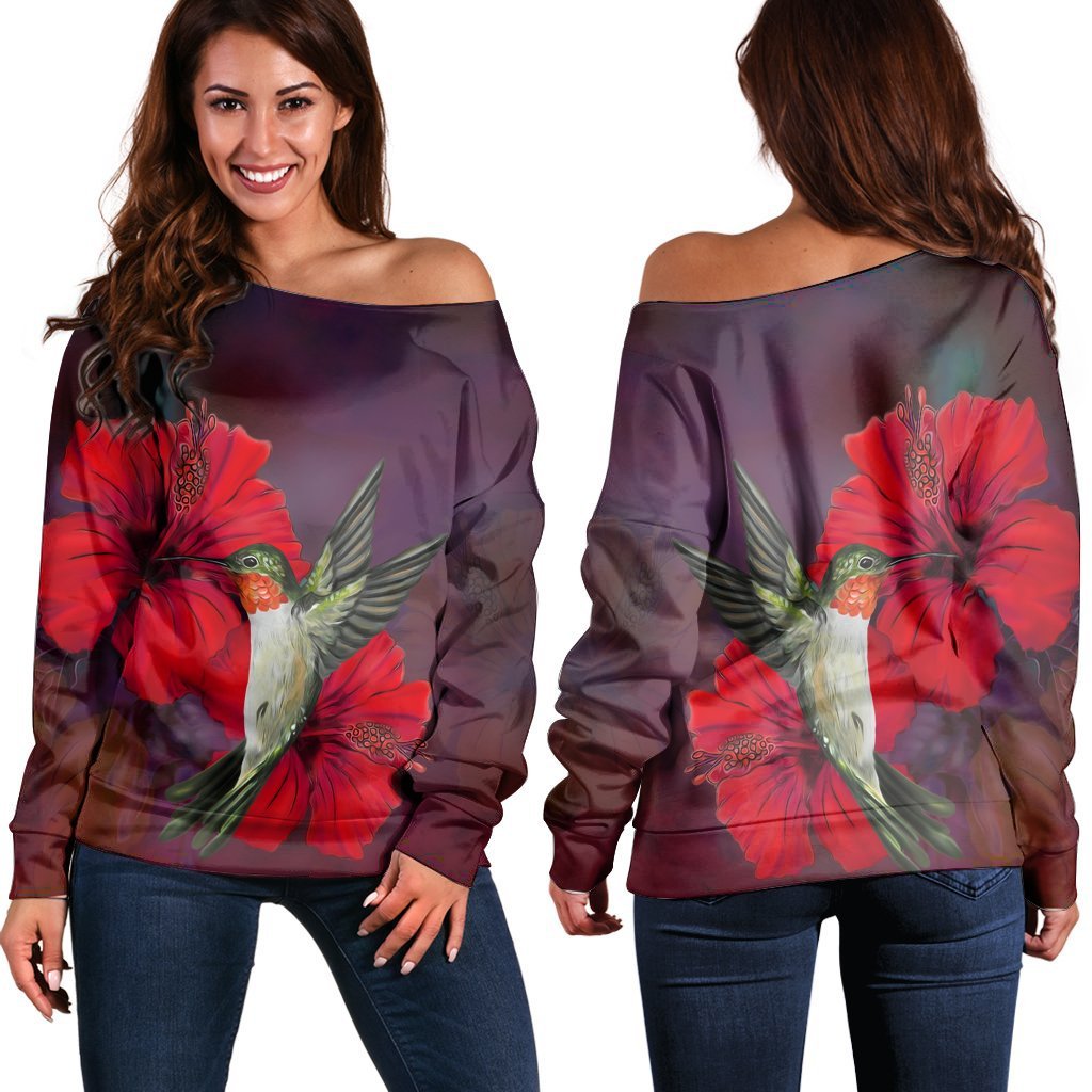 Hawaiian Hummingbird And Hibiscus Polynesian Women's Off Shoulder Sweater - AH Black - Polynesian Pride