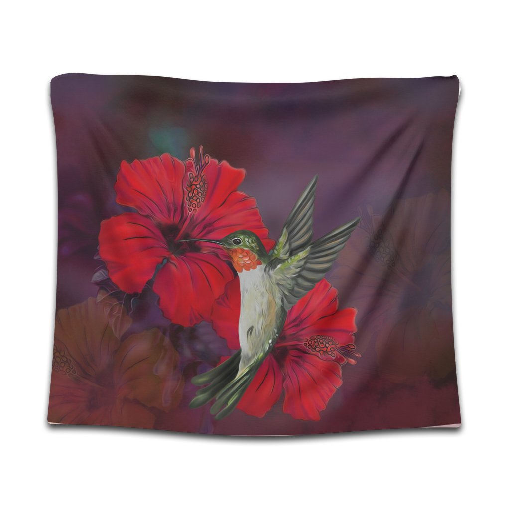 Hawaiian Hummingbird And Hibiscus Polynesian Tapestry - AH Wall Tapestry Black - Polynesian Pride