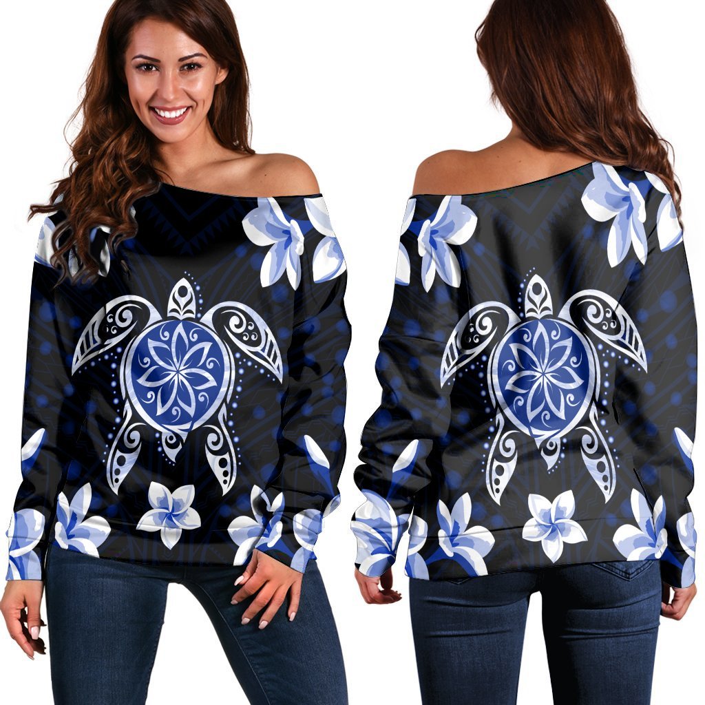 Hawaiian Icon Blue Turtle Plumeria Women's Off Shoulder Sweater AH Black - Polynesian Pride