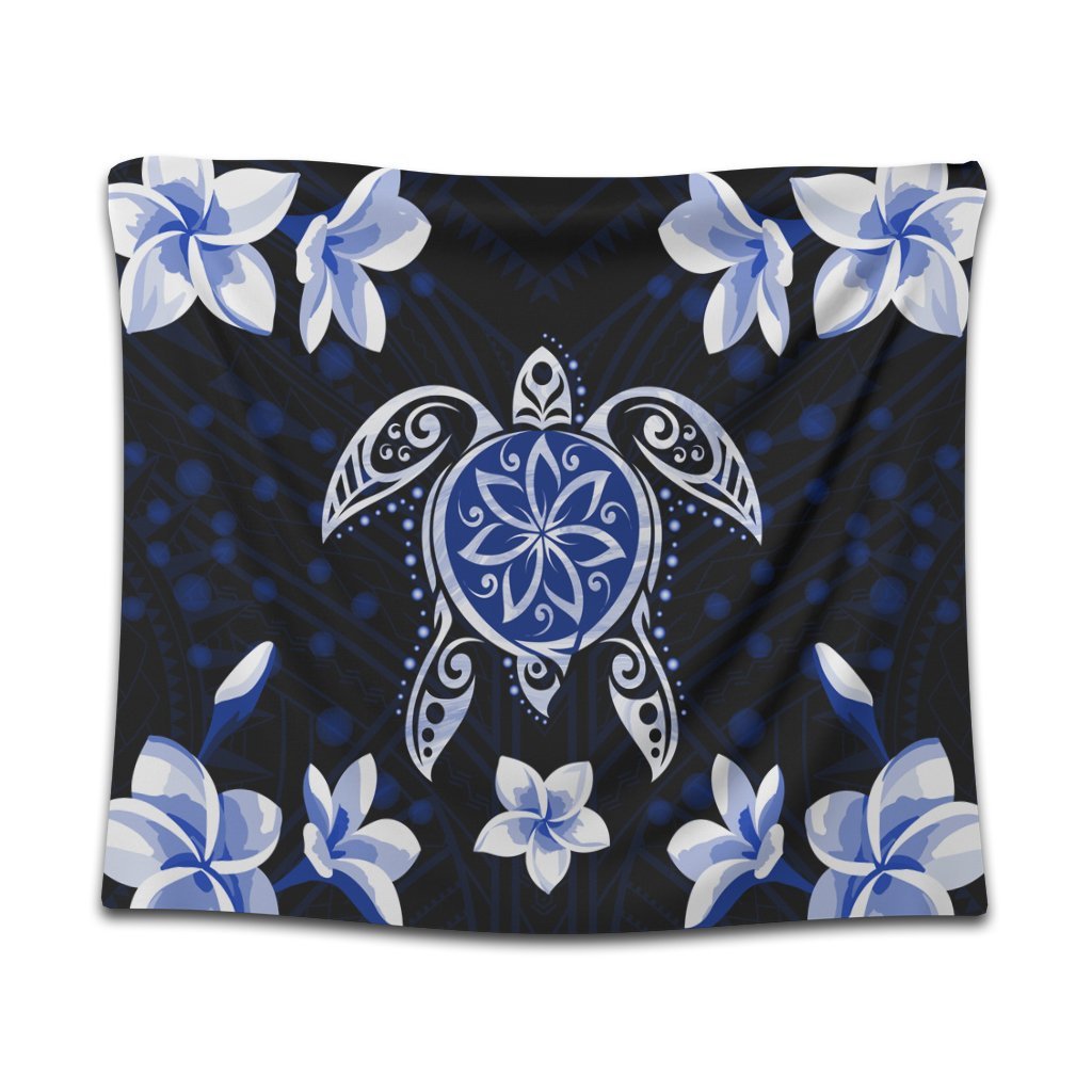 Hawaiian Icon Blue Turtle Plumeria Tapestry AH Wall Tapestry Black - Polynesian Pride