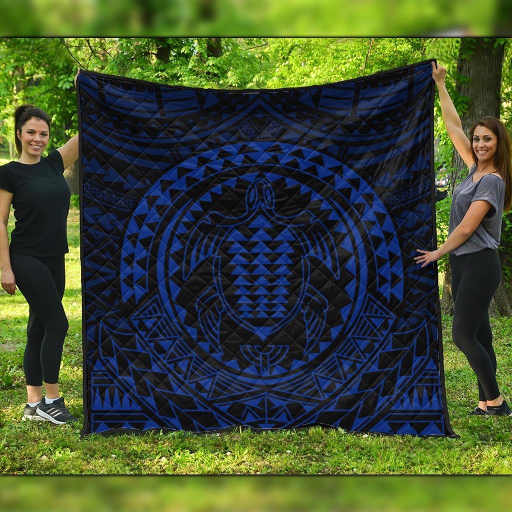 Hawaiian Kakau Honu Arc Polynesian Blue Premium Quilts - AH Black - Polynesian Pride