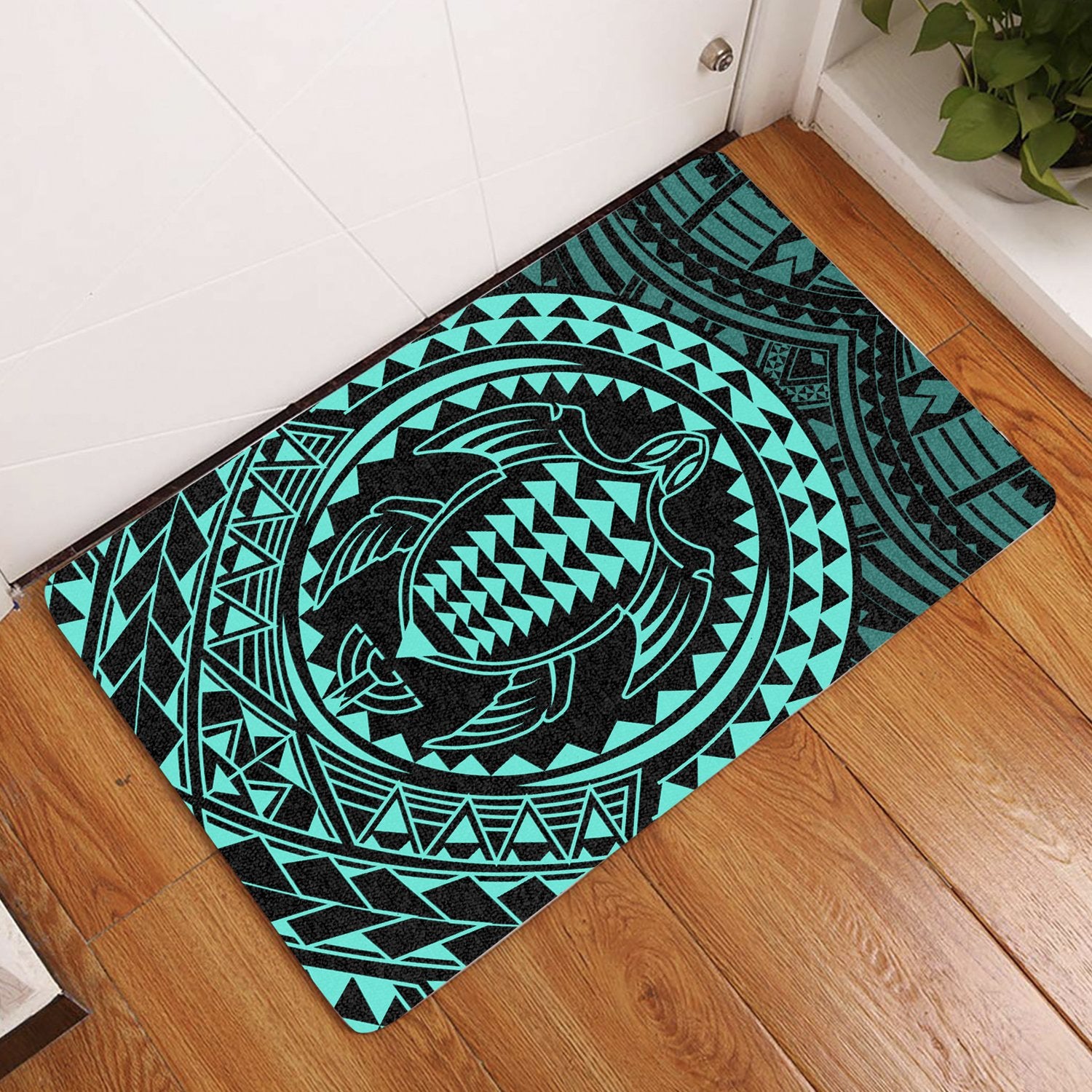 Hawaiian Kakau Honu Arc Polynesian Door Mat Turquoise AH Door Mat Turquoise - Polynesian Pride