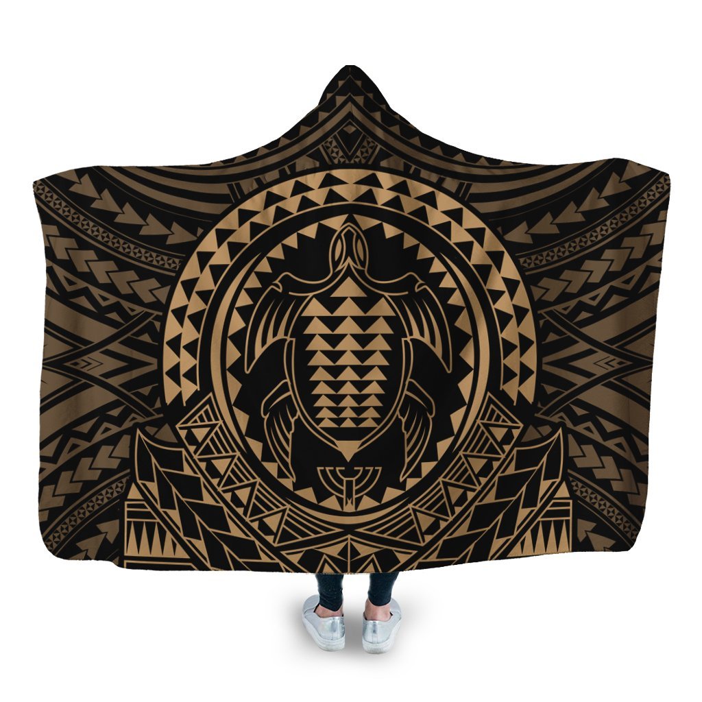 Hawaiian Kakau Honu Arc Polynesian Gold Hooded Blanket - AH Hooded Blanket White - Polynesian Pride