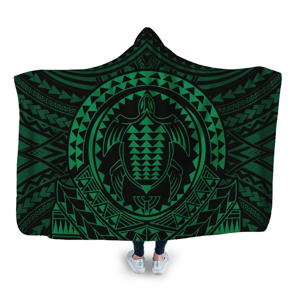 Hawaiian Kakau Honu Arc Polynesian Green Hooded Blanket - AH Hooded Blanket White - Polynesian Pride