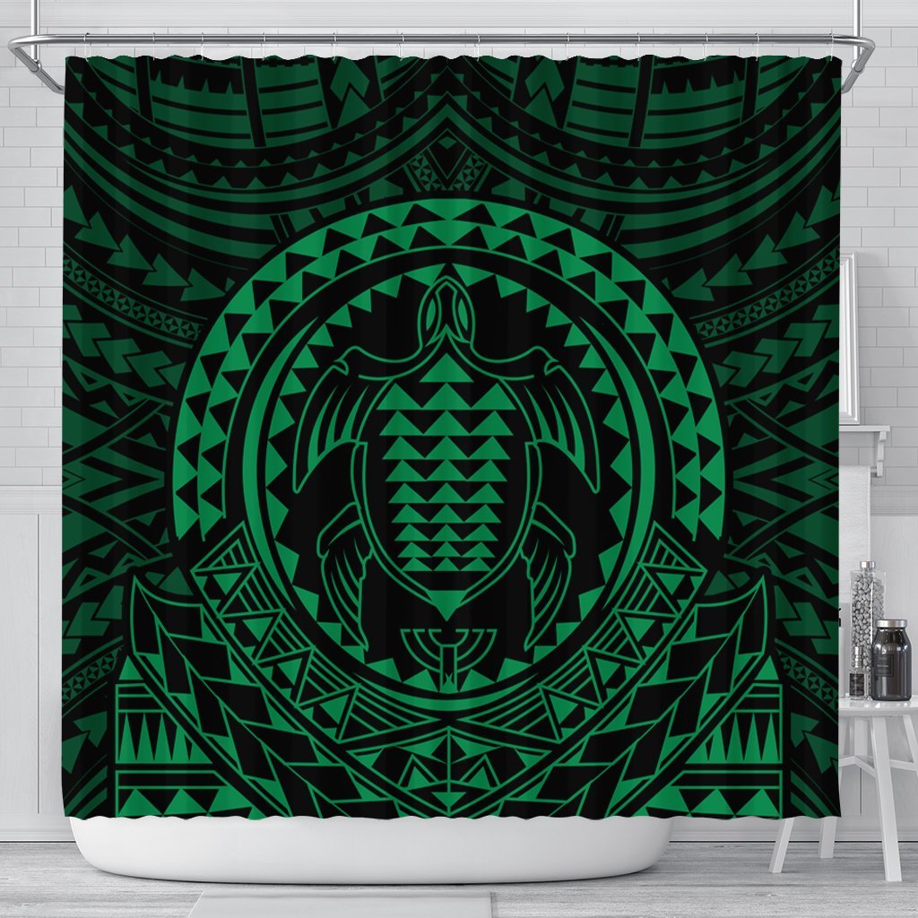 Hawaiian Kakau Honu Arc Polynesian Green Shower Curtain - AH 177 x 172 (cm) Black - Polynesian Pride