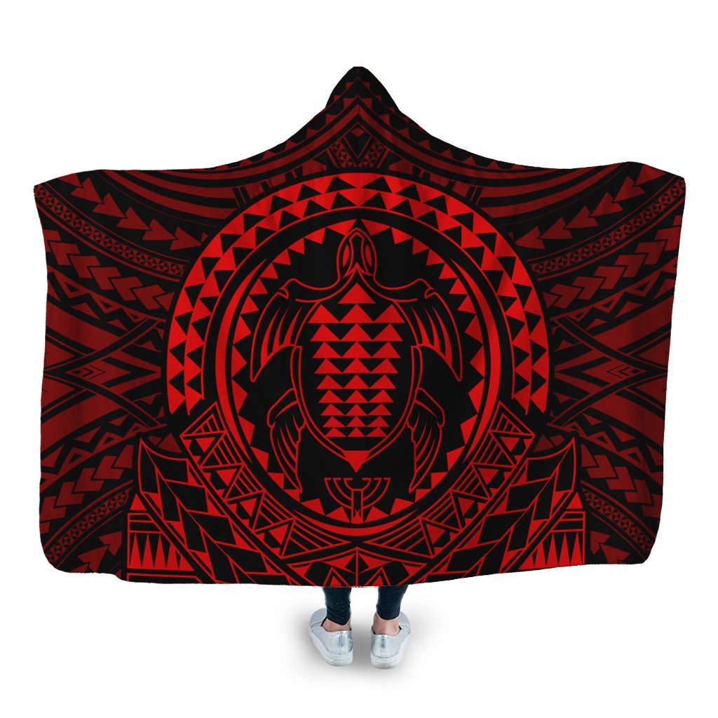 Hawaiian Kakau Honu Arc Polynesian Red Hooded Blanket - AH Hooded Blanket White - Polynesian Pride