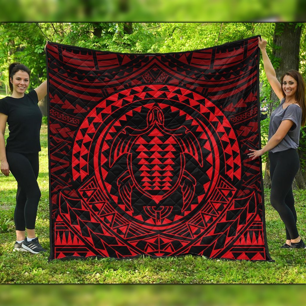 Hawaiian Kakau Honu Arc Polynesian Red Premium Quilts - AH Black - Polynesian Pride