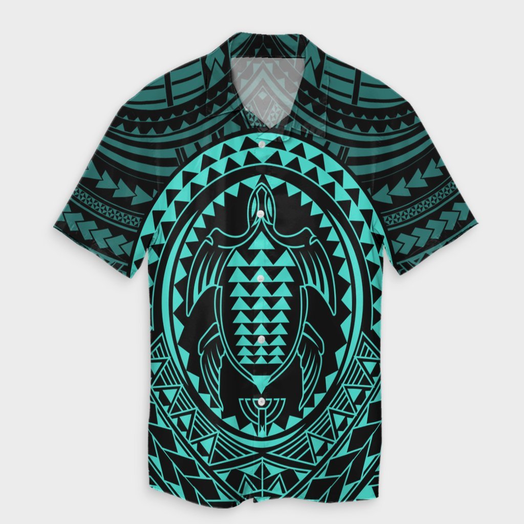 Hawaiian Kakau Honu Arc Polynesian Turquoise Hawaiian Shirt - AH Unisex Black - Polynesian Pride