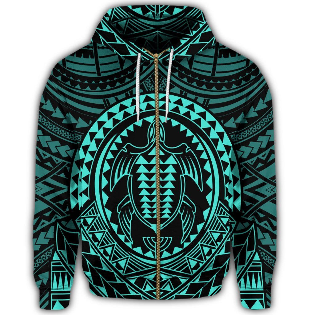 Hawaiian Kakau Honu Arc Polynesian Turquoise Zip Hoodie - Polynesian Pride