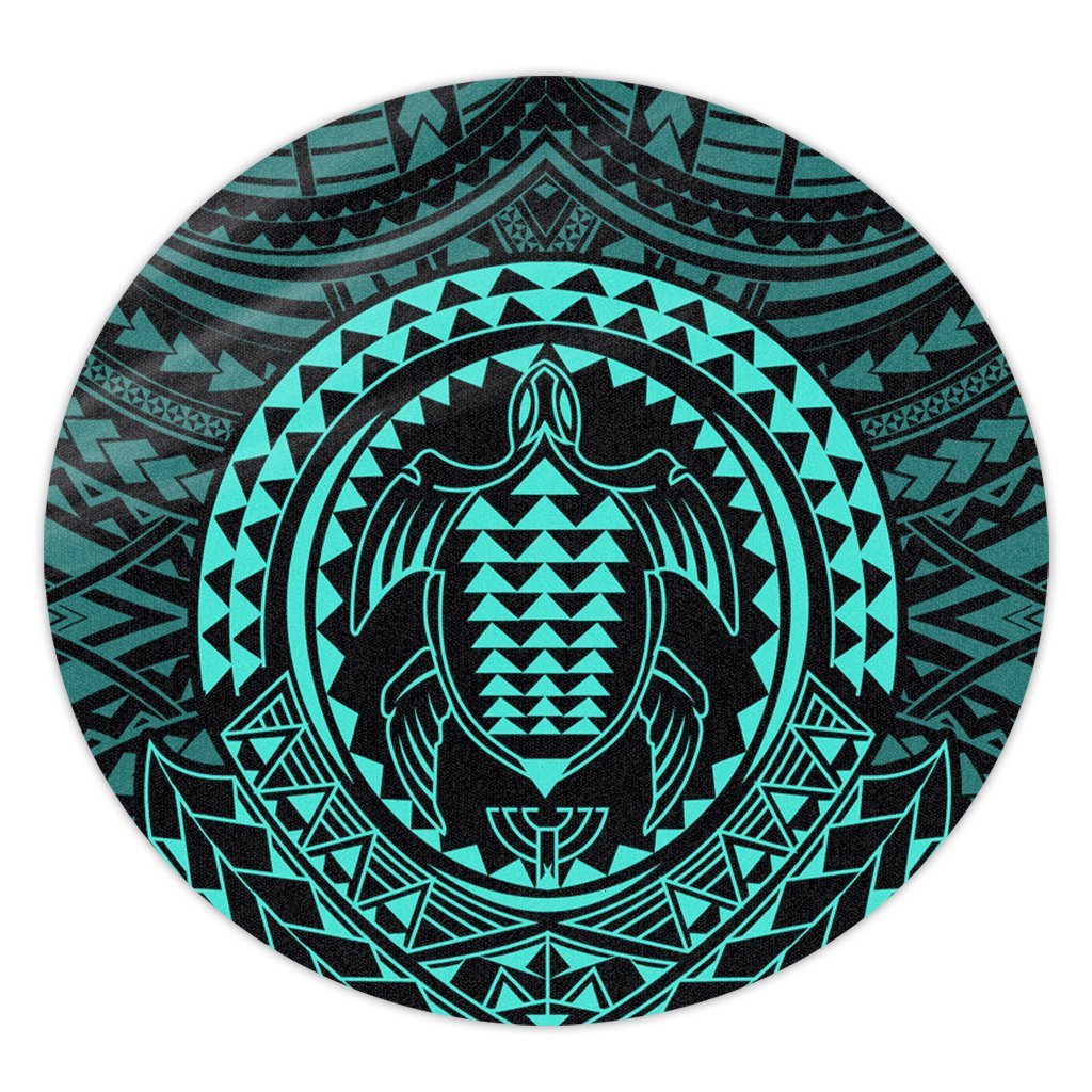 Hawaiian Kakau Honu Arc Polynesian Turquoise Round Carpet - AH Round Carpet Luxurious Plush - Polynesian Pride