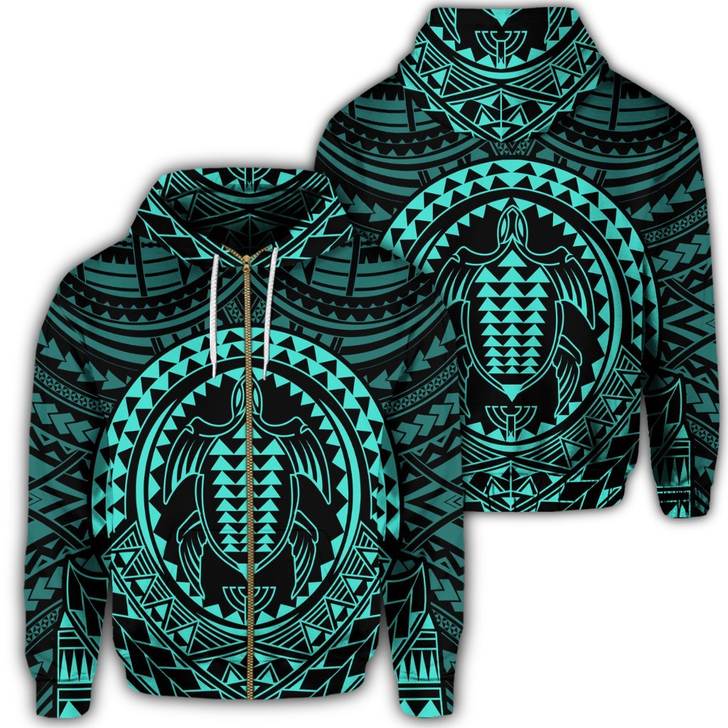 Hawaiian Kakau Honu Arc Polynesian Turquoise Zip Hoodie Unisex Art - Polynesian Pride