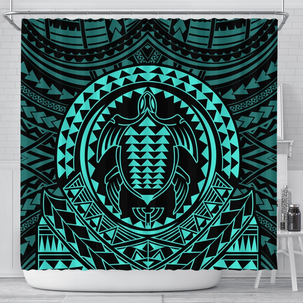 Hawaiian Kakau Honu Arc Polynesian Turquoise Shower Curtain - AH 177 x 172 (cm) Black - Polynesian Pride