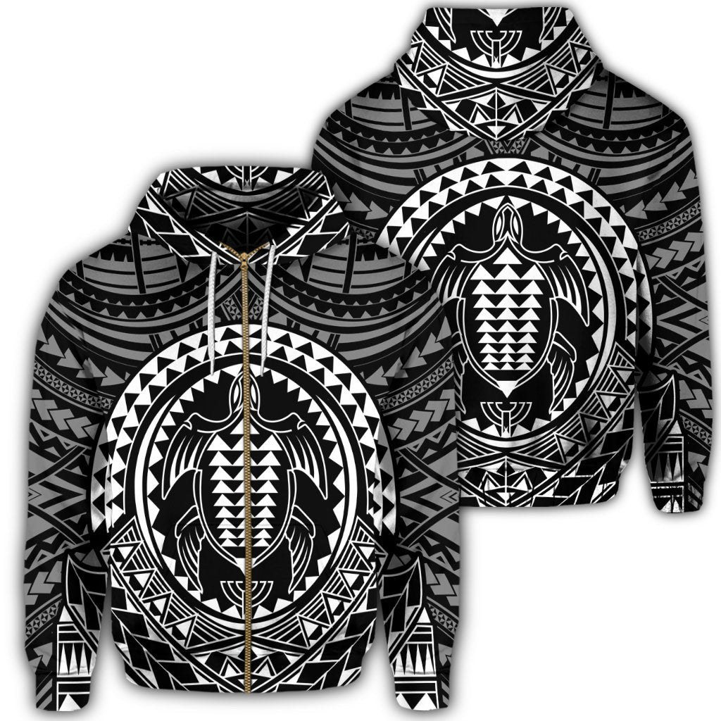 Hawaiian Kakau Honu Arc Polynesian White Zip Hoodie Unisex Art - Polynesian Pride