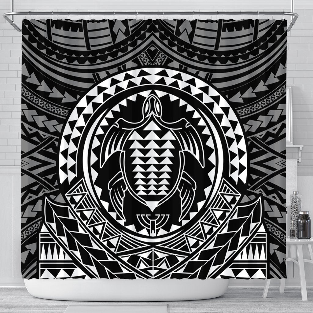 Hawaiian Kakau Honu Arc Polynesian White Shower Curtain - AH 177 x 172 (cm) Black - Polynesian Pride