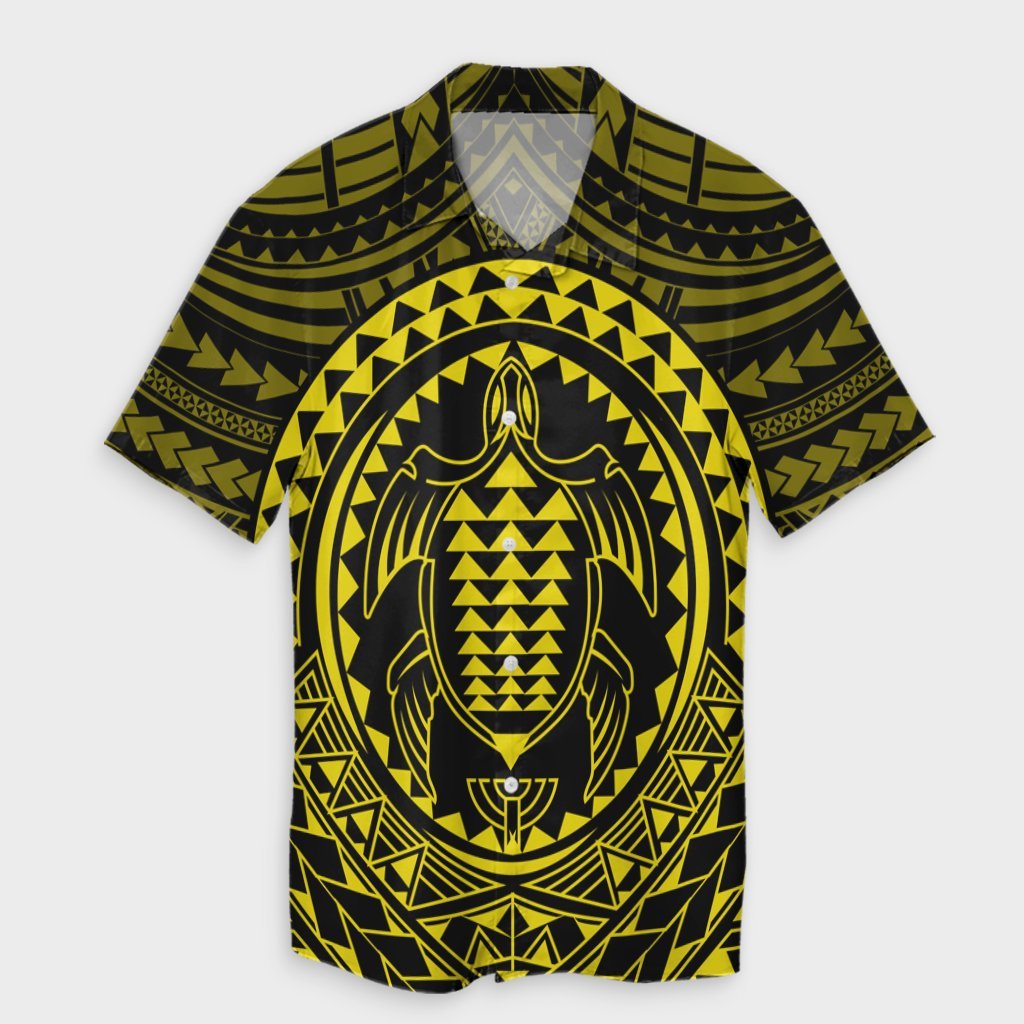 Hawaiian Kakau Honu Arc Polynesian Yellow Hawaiian Shirt - AH Unisex Black - Polynesian Pride