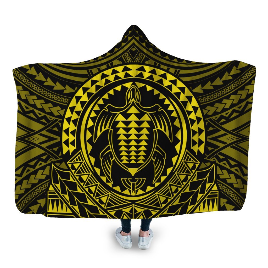 Hawaiian Kakau Honu Arc Polynesian Yellow Hooded Blanket - AH Hooded Blanket White - Polynesian Pride