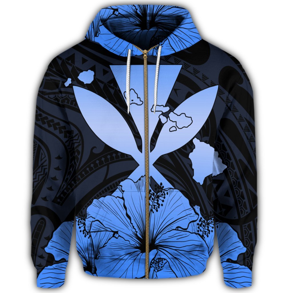 Hawaiian Kanaka Zip Hoodie Hibiscus Polynesian Love Blue - Polynesian Pride