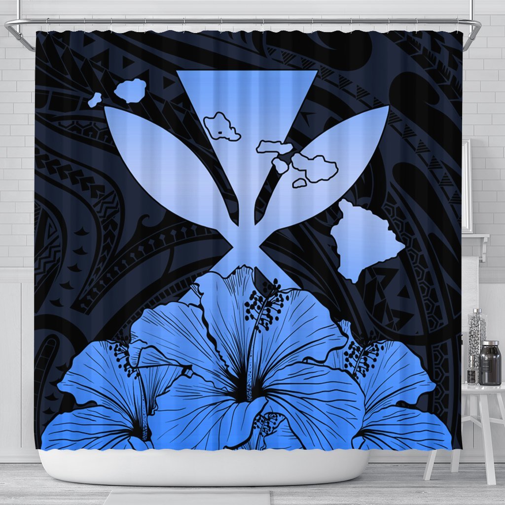 Hawaiian Kanaka Shower Curtain Hibiscus Polynesian Love - Blue - AH 177 x 172 (cm) Black - Polynesian Pride