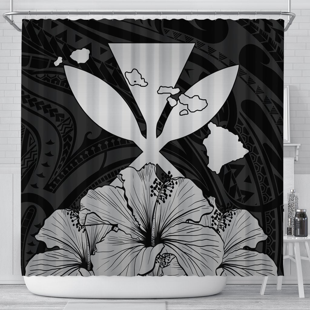 Hawaiian Kanaka Shower Curtain Hibiscus Polynesian Love - Gray - AH 177 x 172 (cm) Black - Polynesian Pride