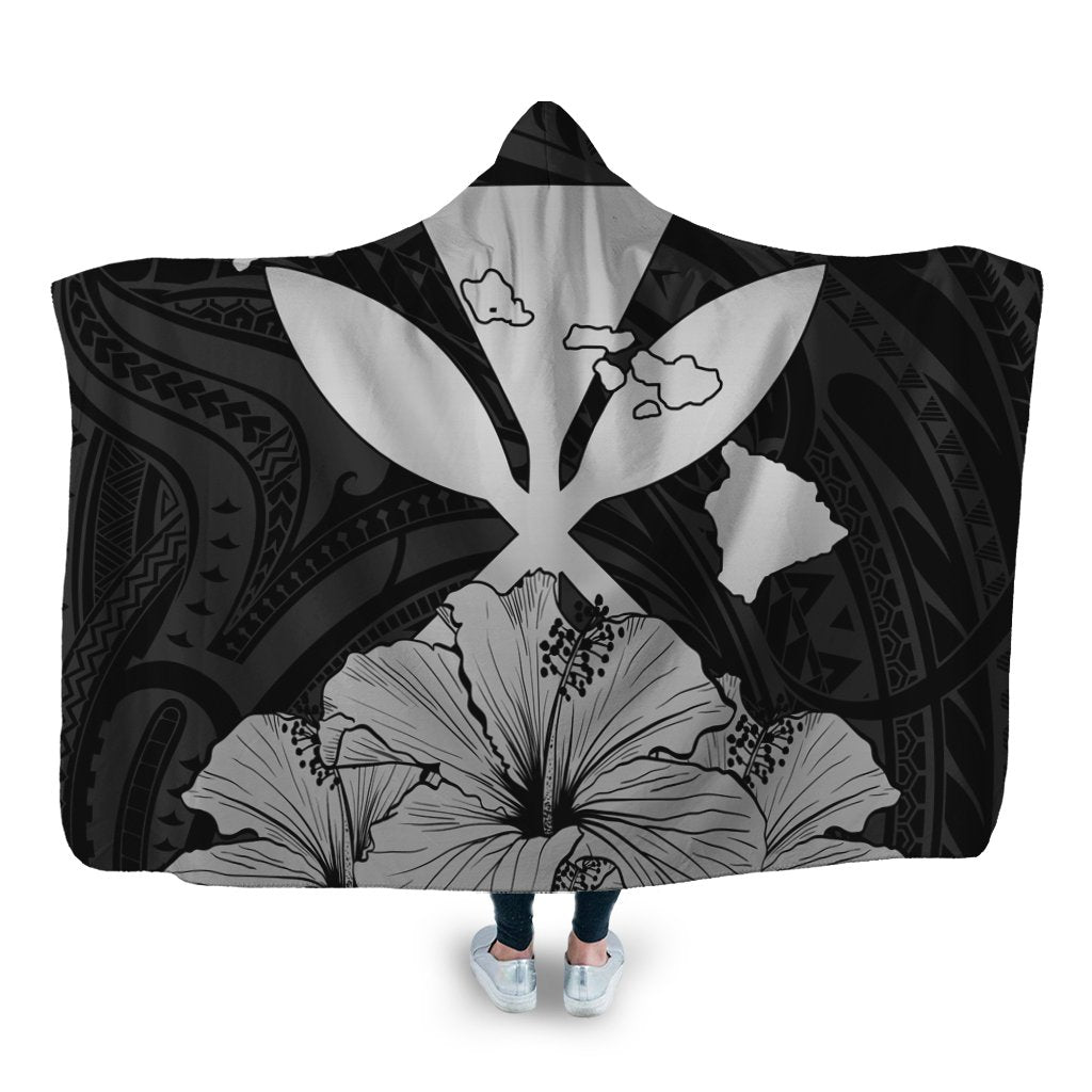 Hawaiian Kanaka Hooded Blanket Hibiscus Polynesian Love - Gray - AH Hooded Blanket White - Polynesian Pride