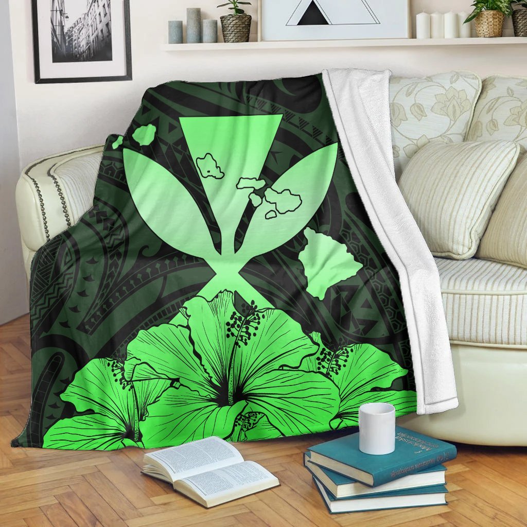 Hawaiian Kanaka Premium Blankets Hibiscus Polynesian Love - Green - AH White - Polynesian Pride