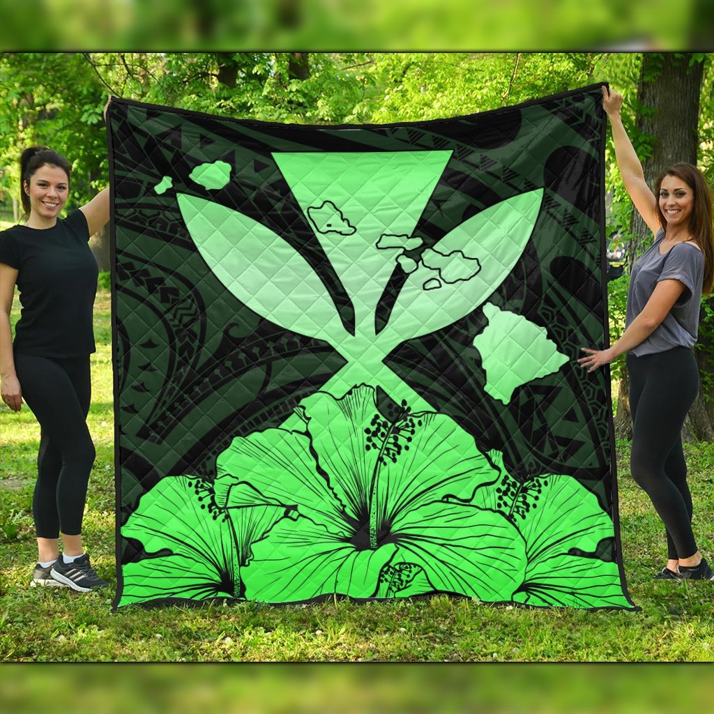 Hawaiian Kanaka Premium Quilts Hibiscus Polynesian Love - Green - AH Black - Polynesian Pride