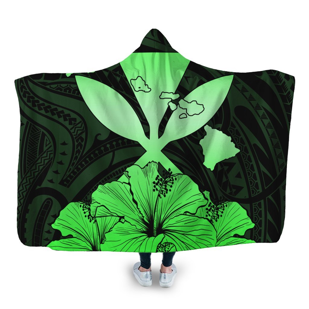 Hawaiian Kanaka Hooded Blanket Hibiscus Polynesian Love - Green - AH Hooded Blanket White - Polynesian Pride