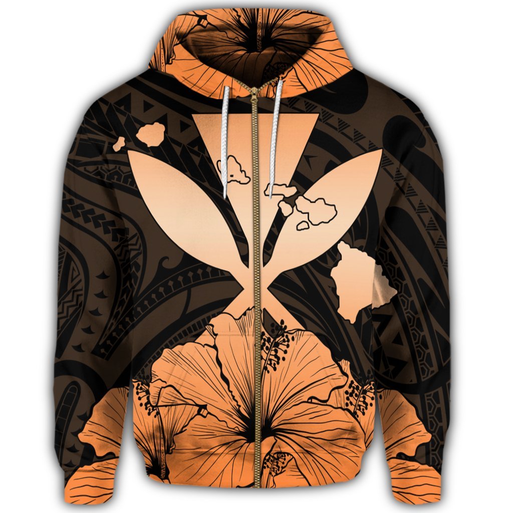Hawaiian Kanaka Zip Hoodie Hibiscus Polynesian Love Orange - Polynesian Pride