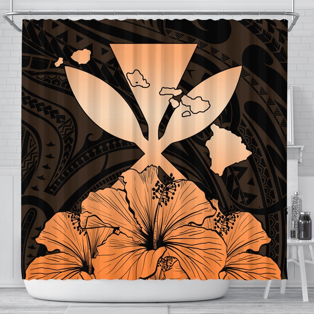 Hawaiian Kanaka Shower Curtain Hibiscus Polynesian Love - Orange - AH 177 x 172 (cm) Black - Polynesian Pride