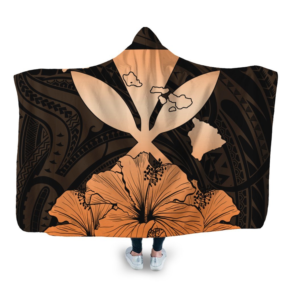 Hawaiian Kanaka Hooded Blanket Hibiscus Polynesian Love - Orange - AH Hooded Blanket White - Polynesian Pride