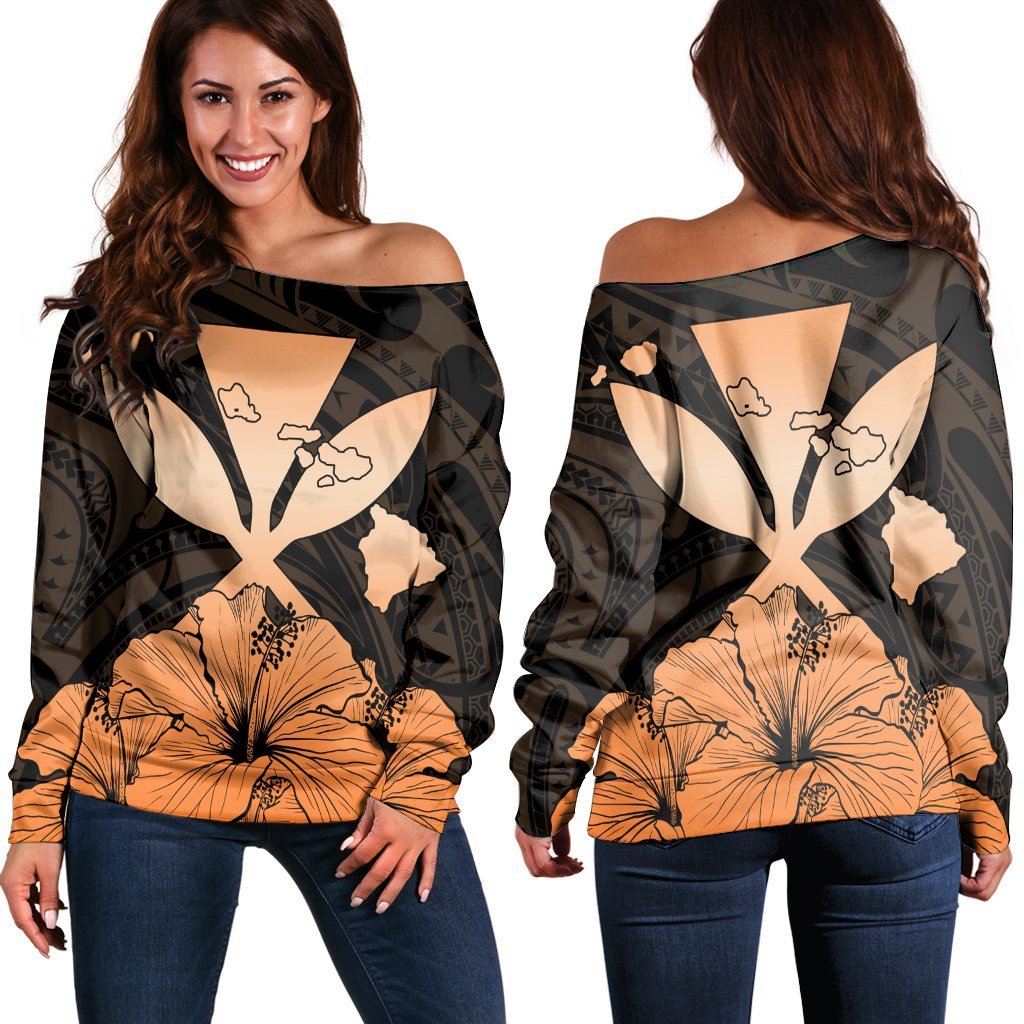 Hawaiian Kanaka Women's Off Shoulder Sweater Hibiscus Polynesian Love - Orange - AH Black - Polynesian Pride