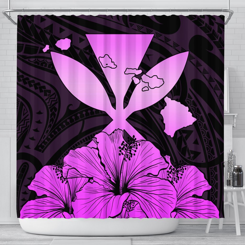 Hawaiian Kanaka Shower Curtain Hibiscus Polynesian Love - Pink - AH 177 x 172 (cm) Black - Polynesian Pride