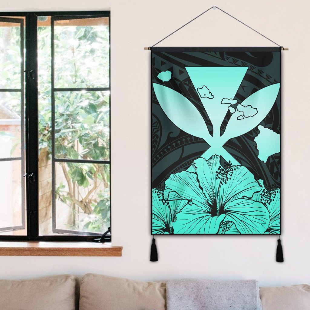 Hawaiian Kanaka Hanging Poster Hibiscus Polynesian Love - Turquoise - AH - Polynesian Pride