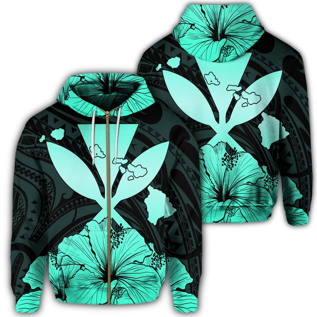 Hawaiian Kanaka Zip Hoodie Hibiscus Polynesian Love Turquoise Unisex Art - Polynesian Pride
