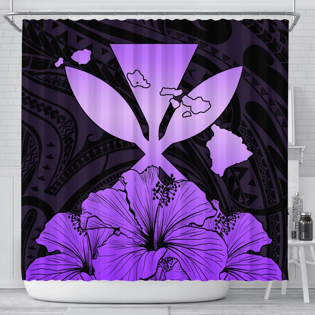 Hawaiian Kanaka Shower Curtain Hibiscus Polynesian Love - Violet - AH 177 x 172 (cm) Black - Polynesian Pride