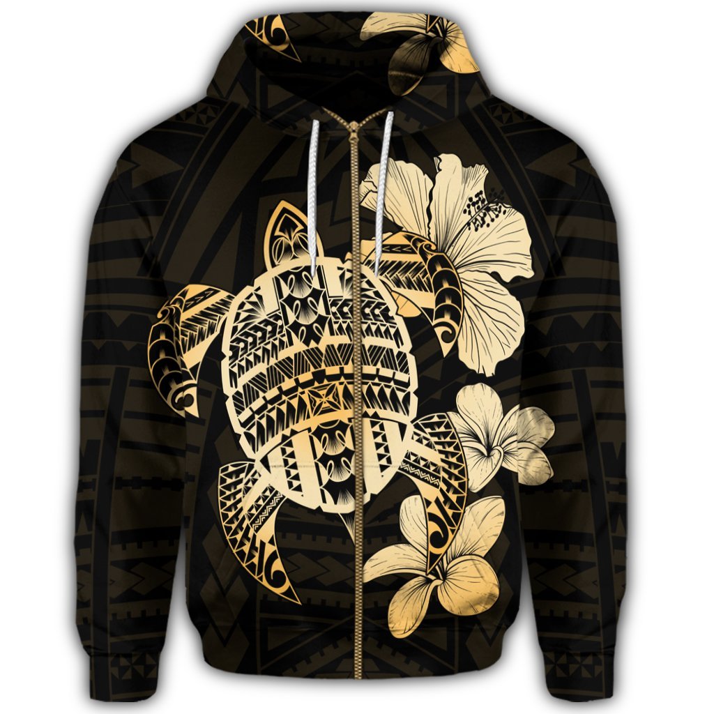 Hawaiian Kanaka Hibiscus Plumeria Mix Polynesian Turtle Zip Hoodie - Polynesian Pride