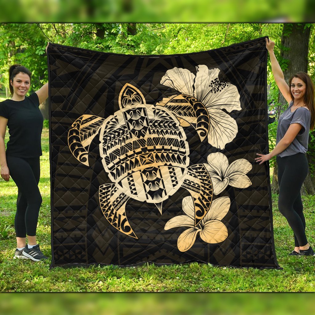 Hawaiian Kanaka Hibiscus Plumeria Mix Polynesian Turtle Premium Quilts - AH Black - Polynesian Pride