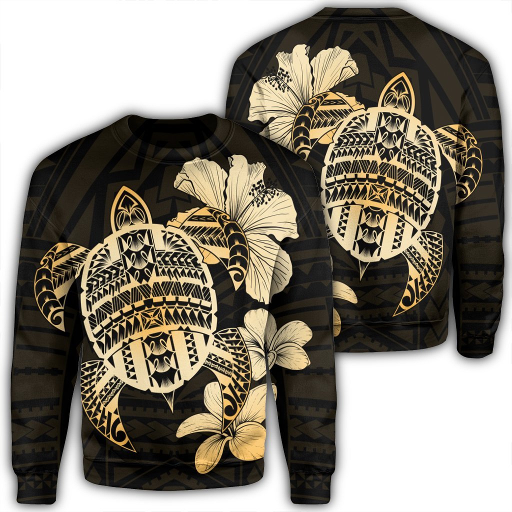 Hawaiian Kanaka Hibiscus Plumeria Mix Polynesian Turtle Sweatshirt - AH Unisex Black - Polynesian Pride
