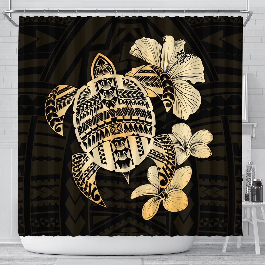 Hawaiian Kanaka Hibiscus Plumeria Mix Polynesian Turtle Shower Curtain - AH 177 x 172 (cm) Black - Polynesian Pride