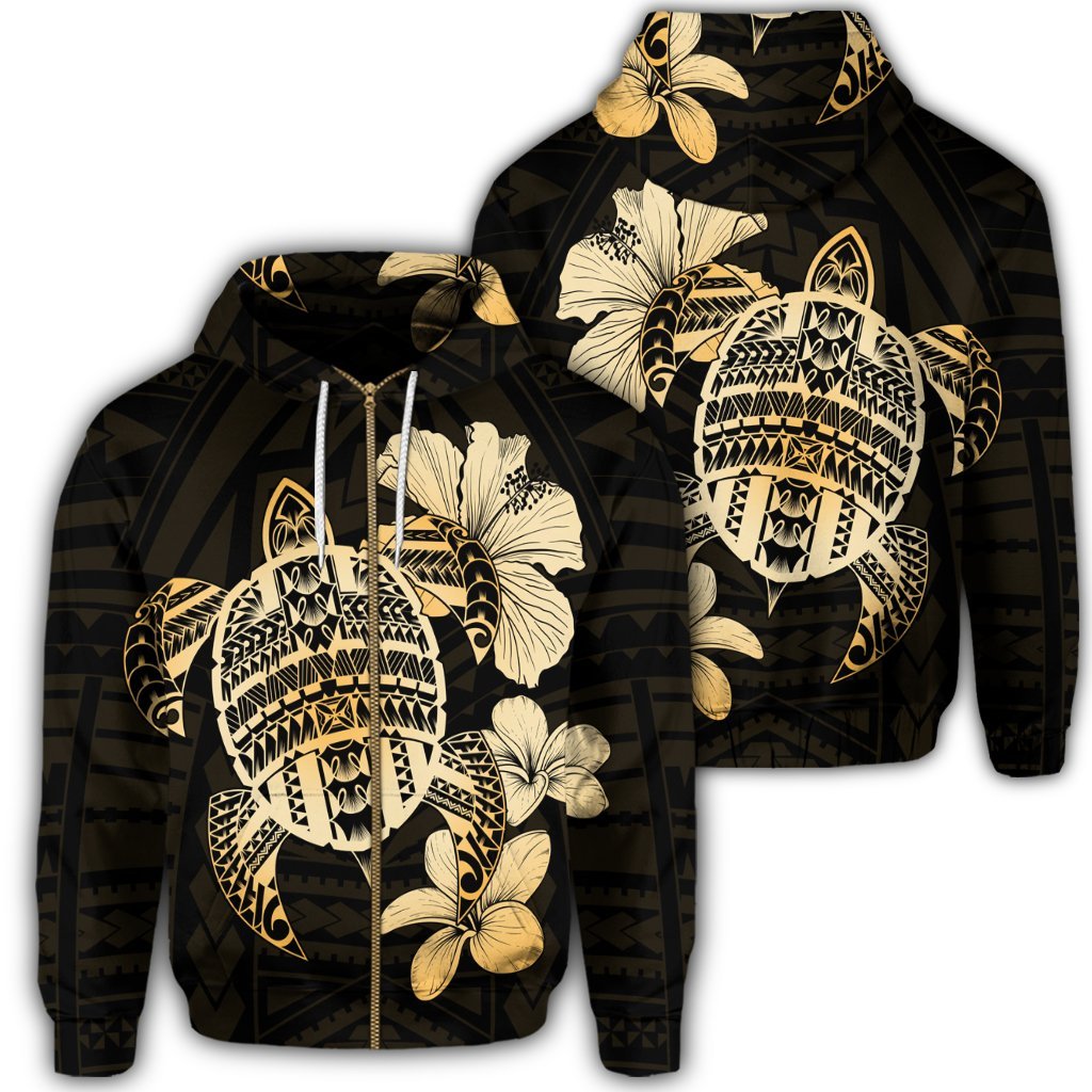 Hawaiian Kanaka Hibiscus Plumeria Mix Polynesian Turtle Zip Hoodie Unisex Art - Polynesian Pride