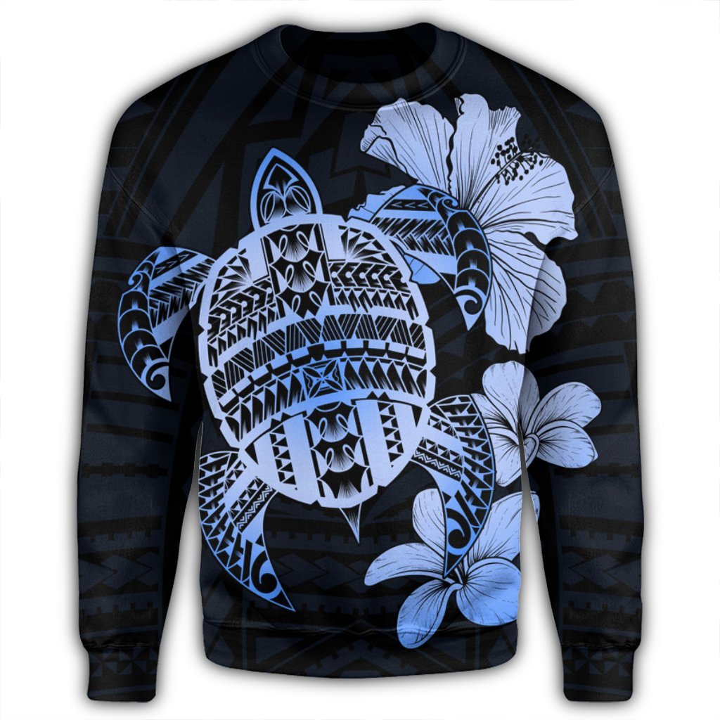 Hawaiian Kanaka Hibiscus Plumeria Mix Polynesian Turtle Sweatshirt - Blue - AH - Polynesian Pride
