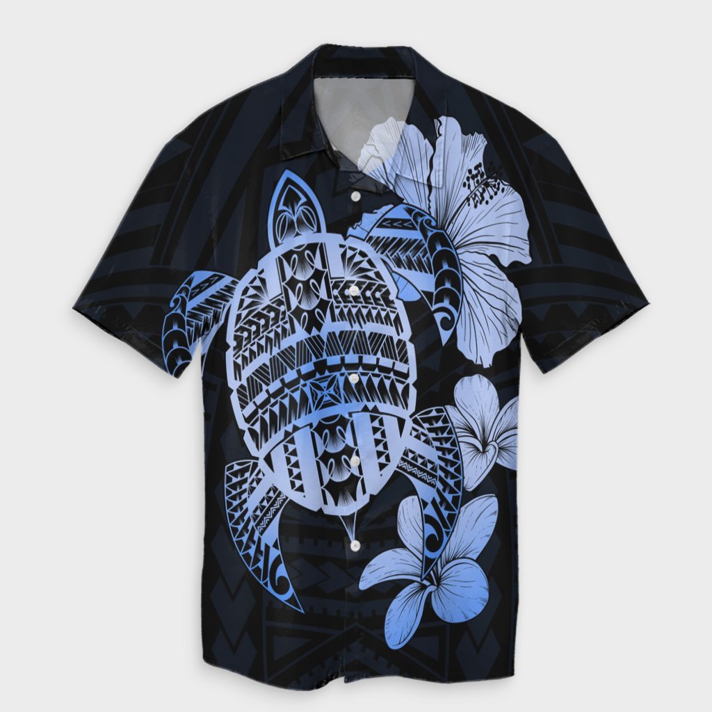 Hawaiian Kanaka Hibiscus Plumeria Mix Polynesian Turtle Hawaiian Shirt - Blue - AH Unisex Black - Polynesian Pride