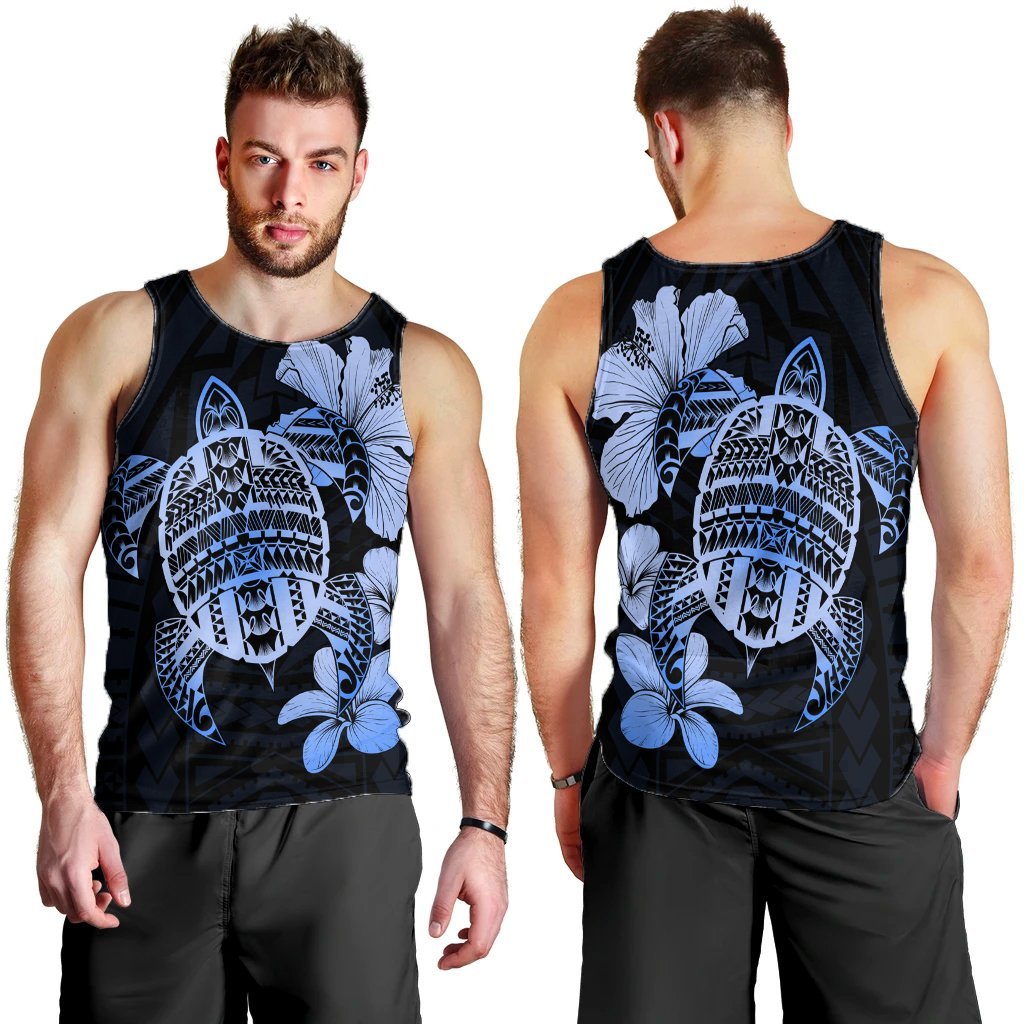 Hawaiian Kanaka Hibiscus Plumeria Mix Polynesian Turtle Tank Top - Blue - AH - Polynesian Pride