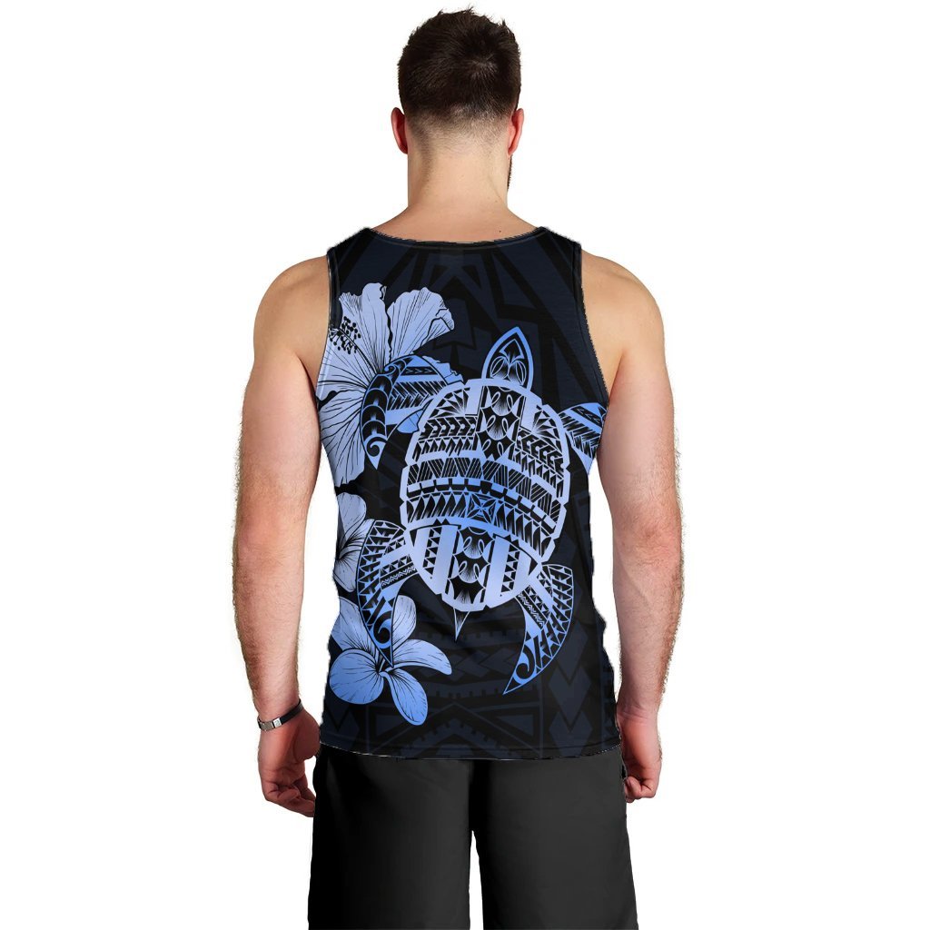 Hawaiian Kanaka Hibiscus Plumeria Mix Polynesian Turtle Tank Top - Blue - AH - Polynesian Pride