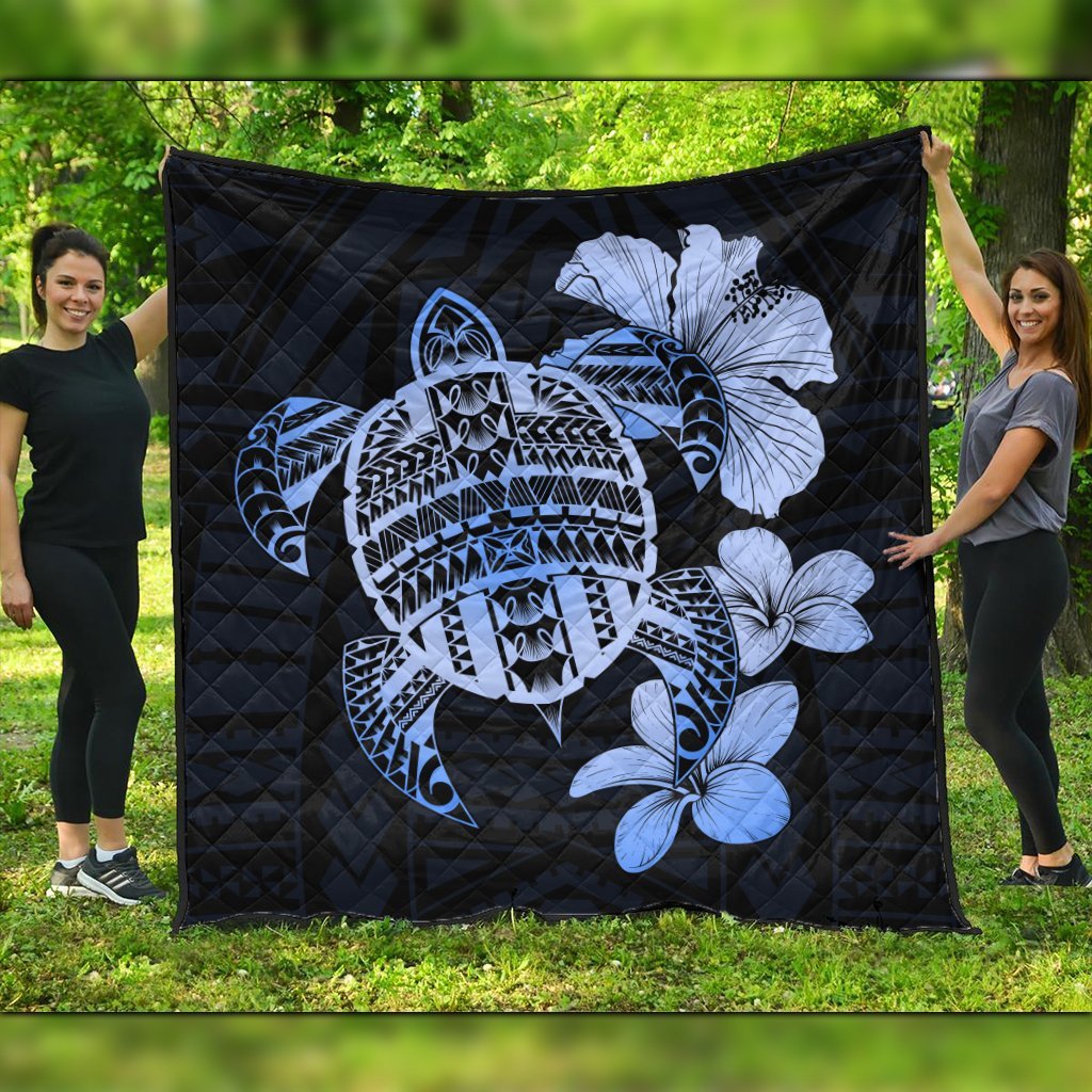 Hawaiian Kanaka Hibiscus Plumeria Mix Polynesian Turtle Premium Quilts - Blue - AH Black - Polynesian Pride