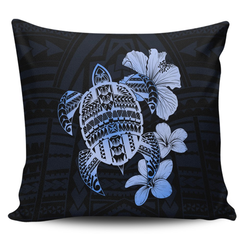 Hawaiian Kanaka Hibiscus Plumeria Mix Polynesian Turtle Pillow Covers - Blue - AH Pillow Covers Black - Polynesian Pride